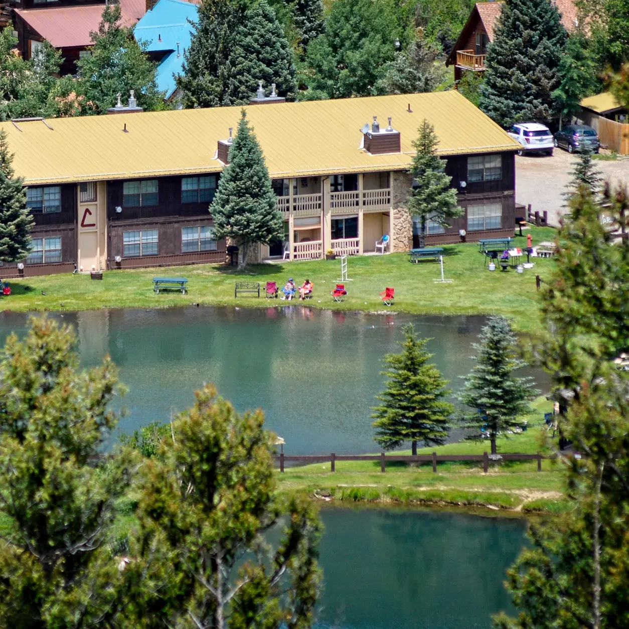 Caribel Condominiums, seen from above and through pine trees